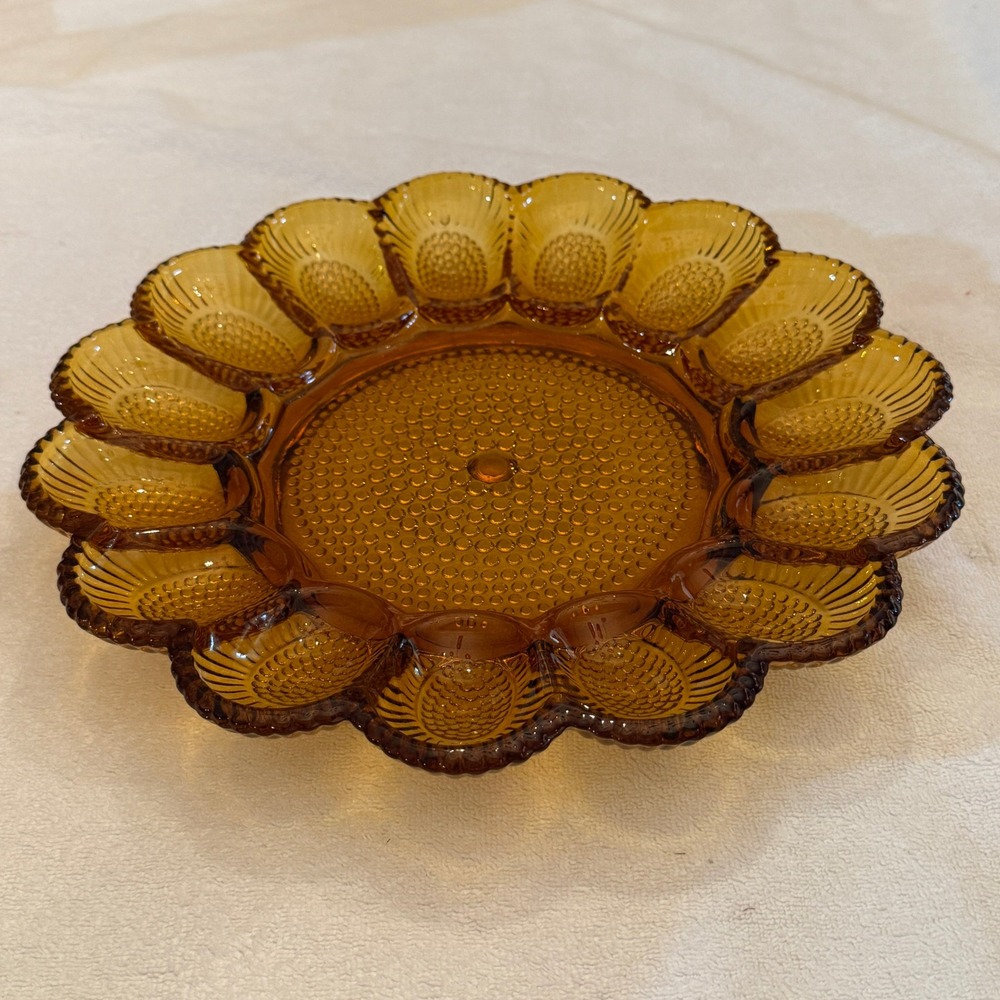 Vintage Amber Indiana Glass Deviled Egg Plate 15 Slot Rnd Hobnail Scalloped MCM